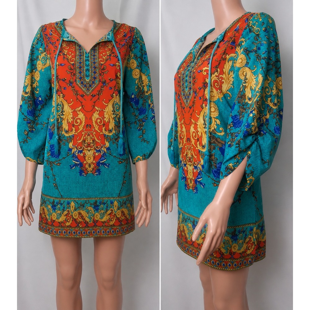 Urban CoCo Floral Orange Teal Scarf Print Tassel Tie Tunic Mini Shift Dress
